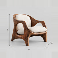 Sculpted Lounge Chair With Open Side Cutouts And Arched Legs dimension diagram with width, height and depth