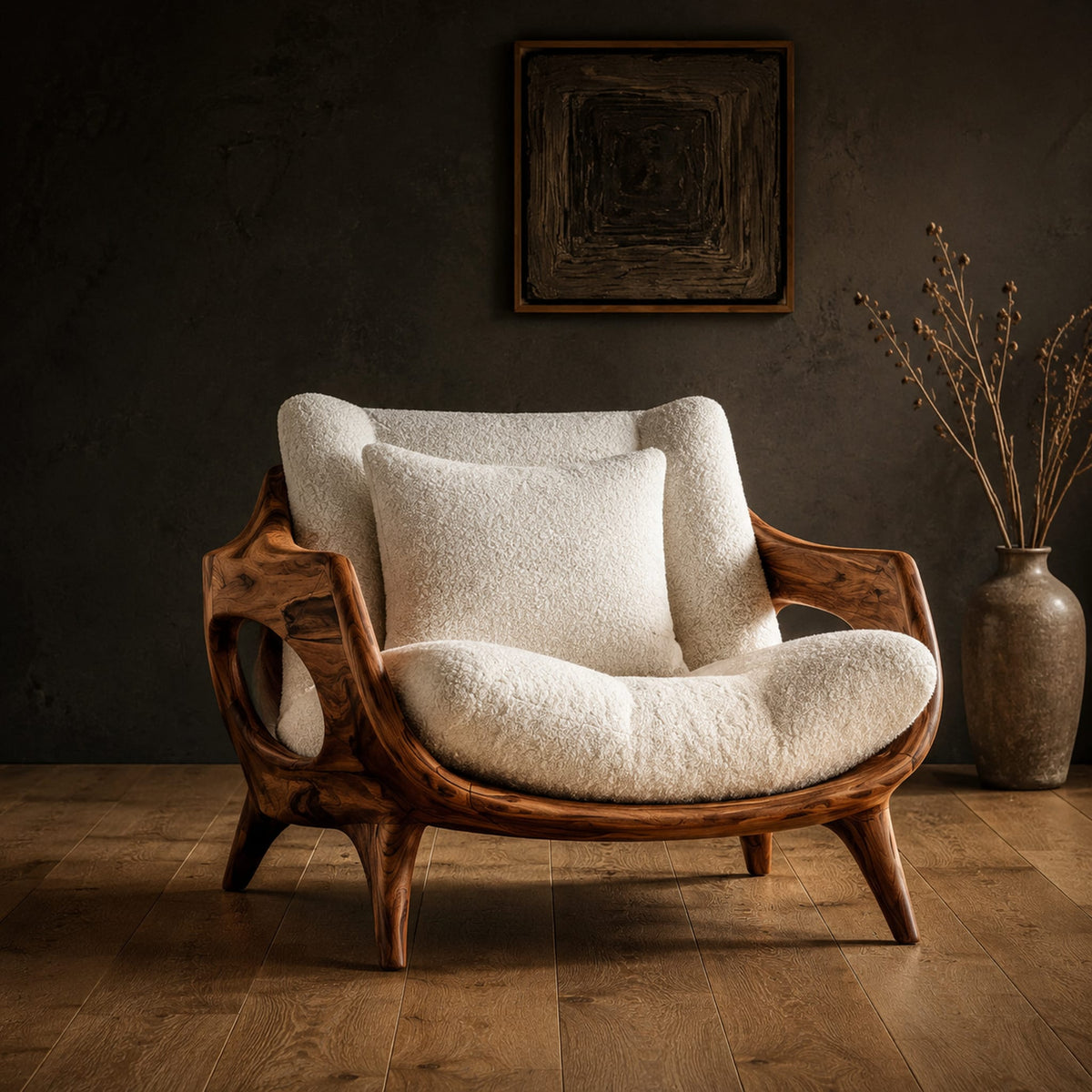 Lounge chair with a sculpted wooden frame and thick cream cushions in a dark studio against a charcoal plaster wall