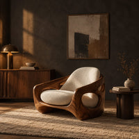 Sculpted lounge chair with oval side cutouts and cream seat cushions in a dark living room at golden hour