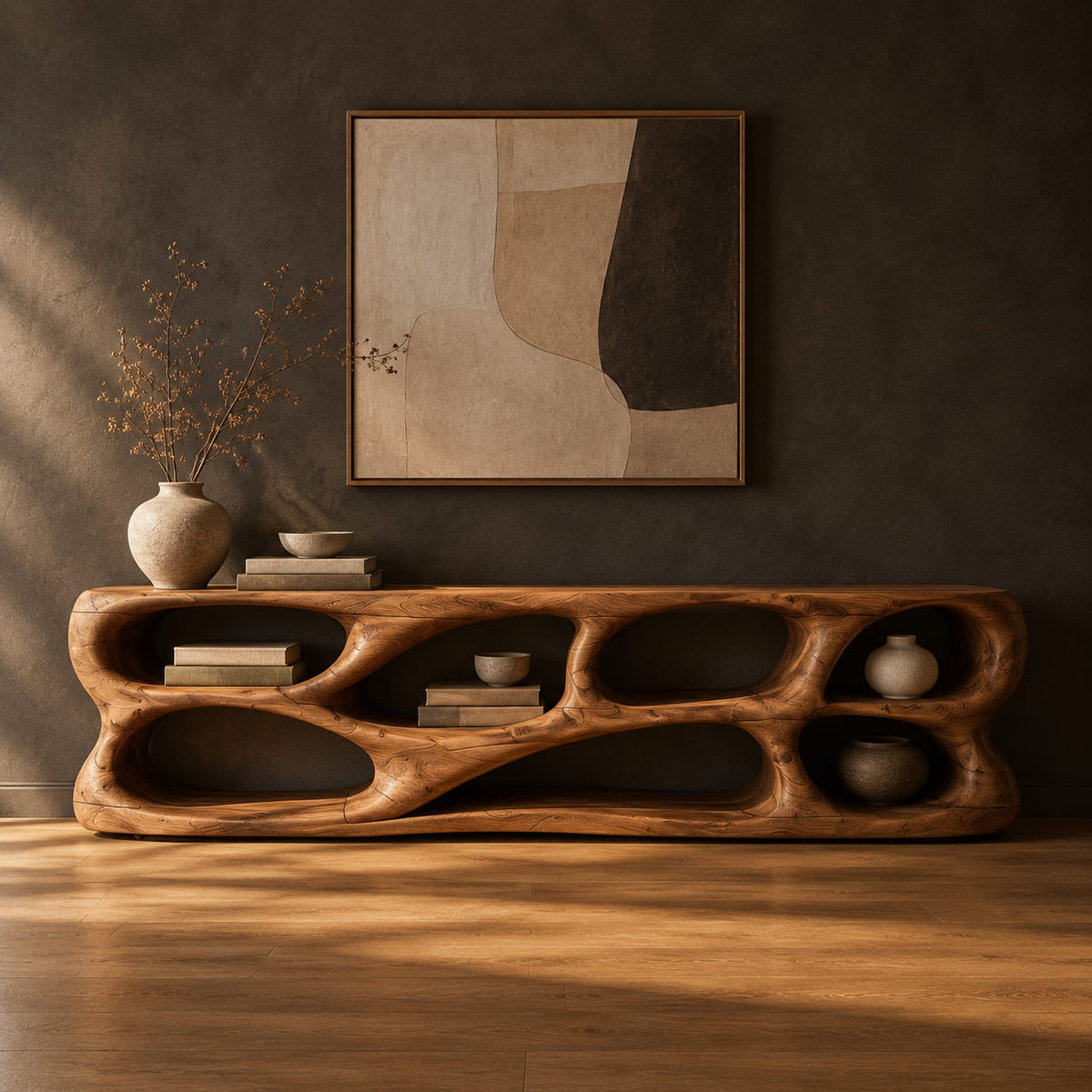 Free form tv stand made of thick sculpted wood with many oval openings in a dark studio against a charcoal plaster wall