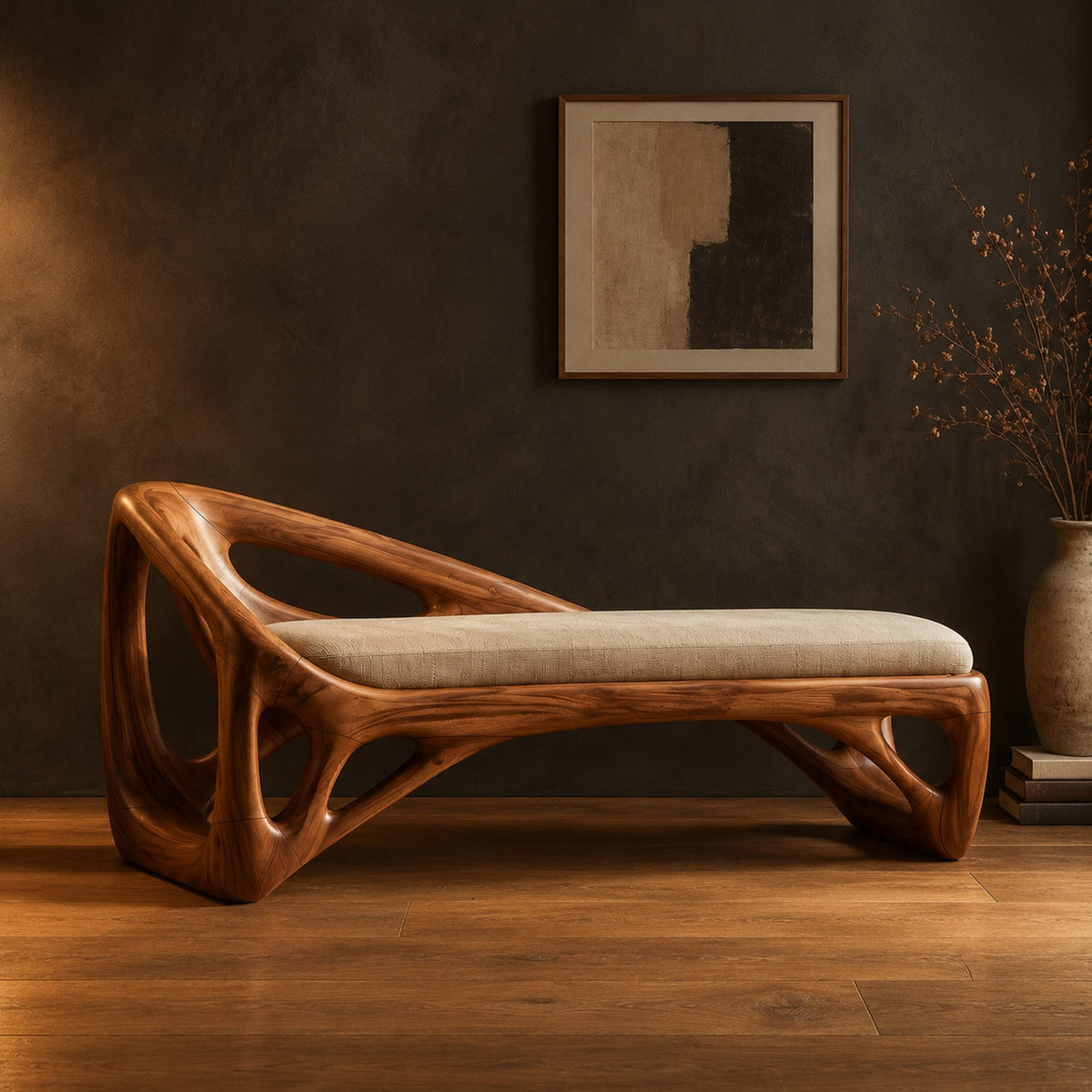 Bench with a sculpted open frame, a cushioned seat and a raised end in a dark studio against a charcoal plaster wall