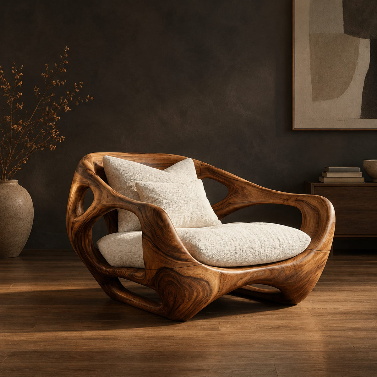 Sculpted lounge chair with an open hollowed wood frame and low base in a dark studio against a charcoal plaster wall