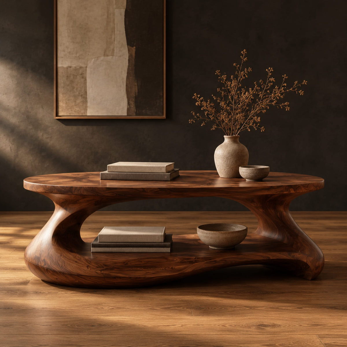 Coffee table with a sculpted pebble base and low shelf in a dark studio against a charcoal plaster wall