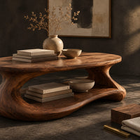 Corner detail of coffee table with a sculpted pebble base and low shelf beside wood, brass and linen samples