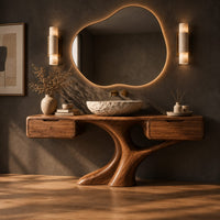 Bathroom vanity with a trunk shaped central pedestal and a drawer at each end, three-quarter view showing the grain