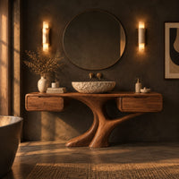 Bathroom vanity with a trunk shaped central pedestal and a drawer at each end in a dark bathroom at golden hour