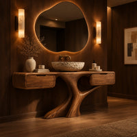 Bathroom vanity with a trunk shaped central pedestal and a drawer at each end in an evening bathroom with walnut wall paneling