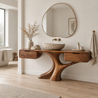 Bathroom vanity with a trunk shaped central pedestal and a drawer at each end in a Scandinavian bathroom with white walls