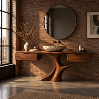 Bathroom vanity with a trunk shaped central pedestal and a drawer at each end in an industrial loft bathroom with exposed brick