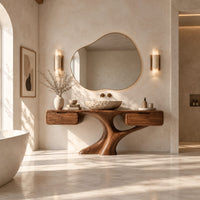 Bathroom vanity with a trunk shaped central pedestal and a drawer at each end in a bright open plan bathroom