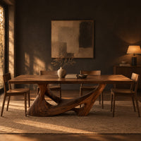 Dining table with a slab top on a sculpted pedestal with open cutouts in a dark dining room at golden hour