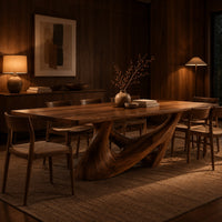 Dining table with a slab top on a sculpted pedestal with open cutouts in an evening dining room with walnut wall paneling