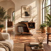 Sculpted wood record console with swooping legs and open bays in a bright living room with arched windows and plants