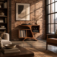 Sculpted wood record console with swooping legs and open bays in an industrial loft living room with exposed brick