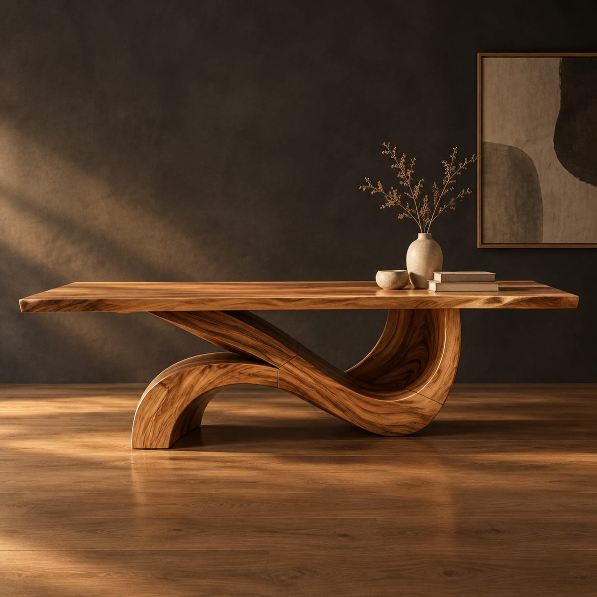 Dining table with a long plank top and one sweeping ribbon base in a dark studio against a charcoal plaster wall