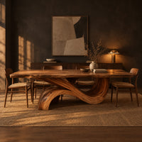 Dining table with a long plank top and one sweeping ribbon base in a dark dining room at golden hour