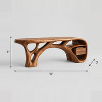 Sculpted Root Base Desk With Flowing Top And Side Niche dimension diagram with width, height and depth
