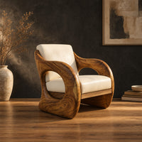 Lounge chair with a thick sculpted wood shell and oval side openings in a dark studio against a charcoal plaster wall