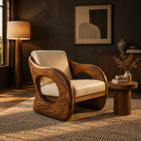 Lounge chair with a thick sculpted wood shell and oval side openings in a dark living room at golden hour
