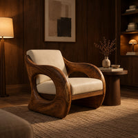 Lounge chair with a thick sculpted wood shell and oval side openings in an evening living room with walnut wall paneling