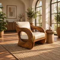 Lounge chair with a thick sculpted wood shell and oval side openings in a bright living room with arched windows and plants