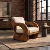Lounge chair with a thick sculpted wood shell and oval side openings in an industrial loft living room with exposed brick