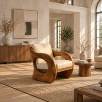 Lounge chair with a thick sculpted wood shell and oval side openings in a bright open plan living room