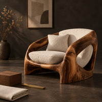 Corner detail of low shell chair with thick wooden sides and oval side openings beside wood, brass and linen samples