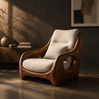 Sculpted lounge chair with oval side cutouts and a cushioned seat, three-quarter view showing the grain