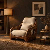 Sculpted lounge chair with oval side cutouts and a cushioned seat in a dark living room at golden hour