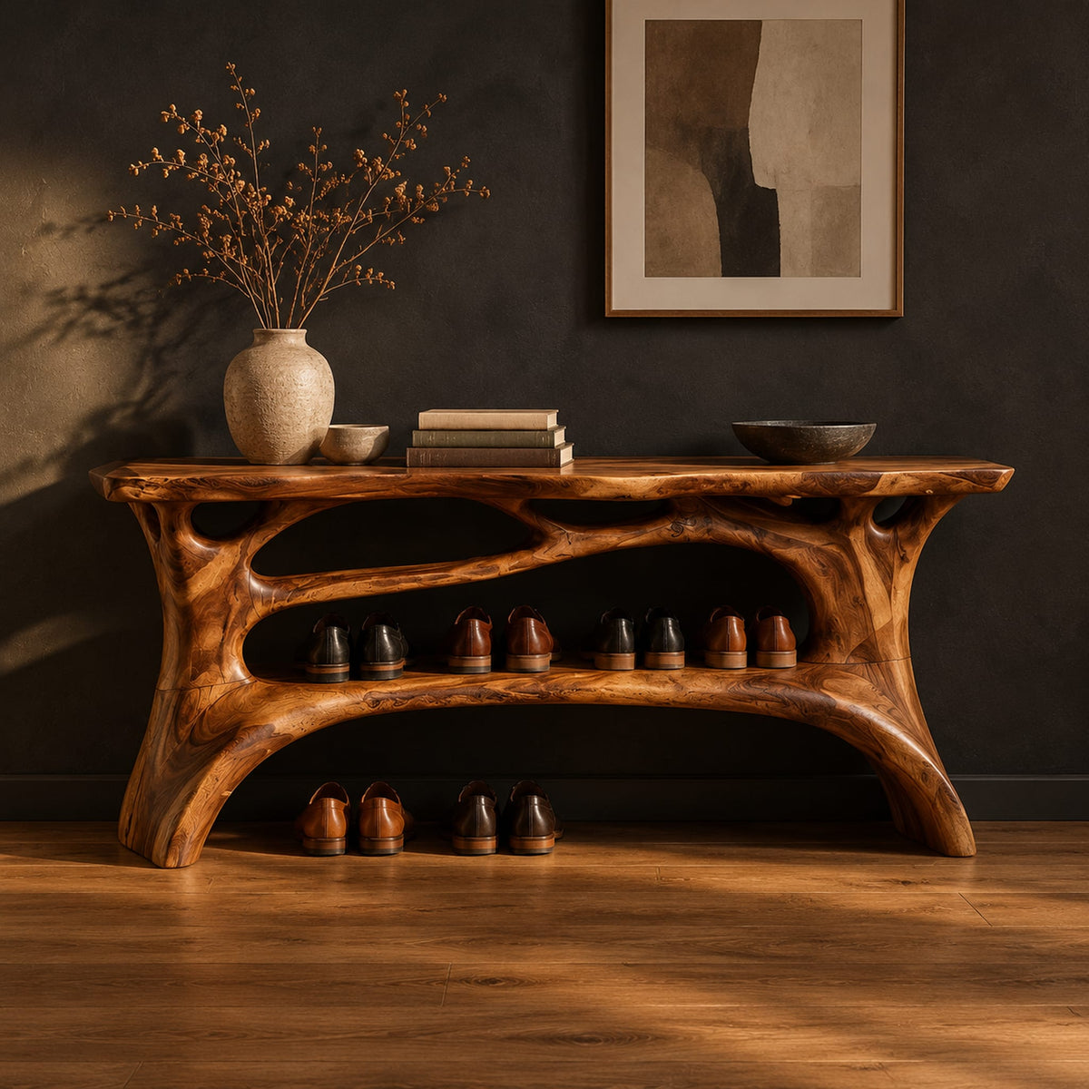 Shoe bench with a slab top, root style supports and an open shelf in a dark studio against a charcoal plaster wall
