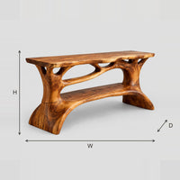 Sculpted Shoe Bench With Root Style Supports And Lower Shelf dimension diagram with width, height and depth