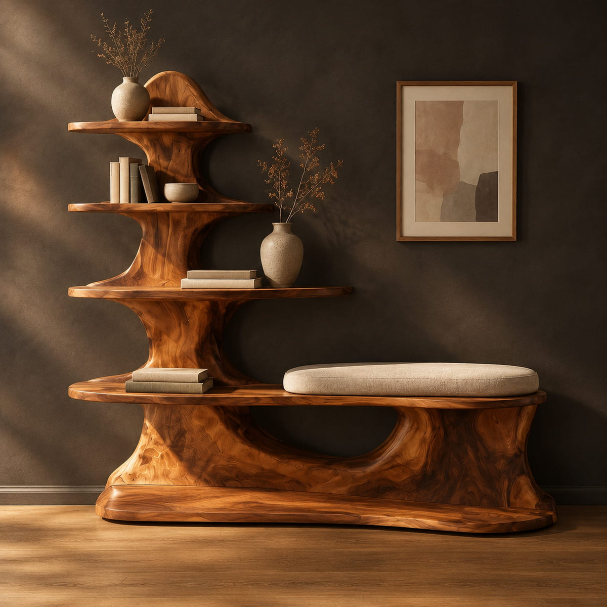 Sculpted wood shoe bench with a cushioned seat and a tower of shelves in a dark studio against a charcoal plaster wall