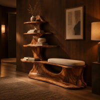 Sculpted wood shoe bench with a cushioned seat and a tower of shelves in an evening entryway with walnut wall paneling
