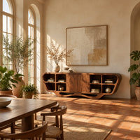 Sculpted sideboard with open cubbies and a flowing wave base in a bright dining room with arched windows and plants