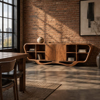 Sculpted sideboard with open cubbies and a flowing wave base in an industrial loft dining room with exposed brick