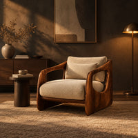 Chair with thick sculpted wooden side panels, oval cutouts and a cushioned seat in a dark living room at golden hour