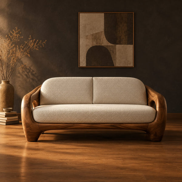 Sculpted Sofa With Oval Arm Cutouts And Thick Wood Frame