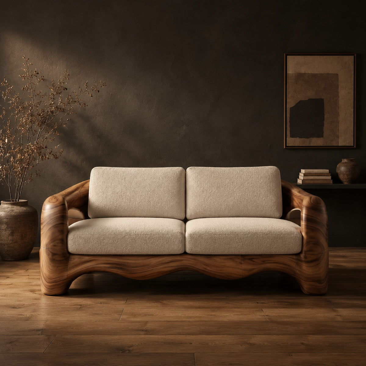 Sofa with thick sculpted arms that have oval openings and a wavy base edge in a dark studio against a charcoal plaster wall