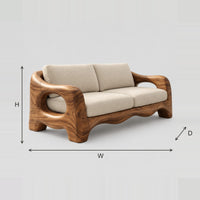 Sculpted Sofa With Oval Arm Openings And Wavy Base Edge dimension diagram with width, height and depth