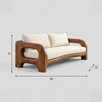 Sculpted Solid Wood Sofa With Open Loop Arms And Short Legs dimension diagram with width, height and depth
