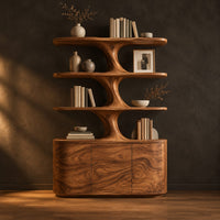 Bookshelf with wavy shelves on a sculpted stem and a three door base in a dark studio against a charcoal plaster wall