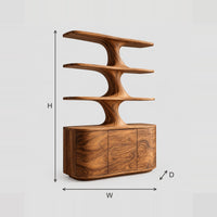 Sculpted Stem Bookshelf with Wavy Shelves and Three Door Base dimension diagram with width, height and depth