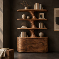 Corner detail of bookshelf with wavy shelves on a sculpted stem and a three door base beside wood, brass and linen samples