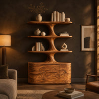 Bookshelf with wavy shelves on a sculpted stem and a three door base in a dark living room at golden hour