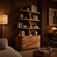 Bookshelf with wavy shelves on a sculpted stem and a three door base in an evening living room with walnut wall paneling