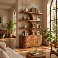 Bookshelf with wavy shelves on a sculpted stem and a three door base in a bright living room with arched windows and plants