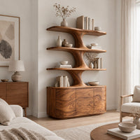 Bookshelf with wavy shelves on a sculpted stem and a three door base in a Scandinavian living room with white walls