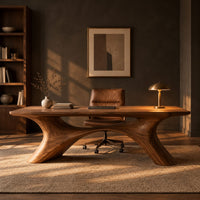Desk with a plank top on two sweeping legs joined by an arch in a dark home office at golden hour