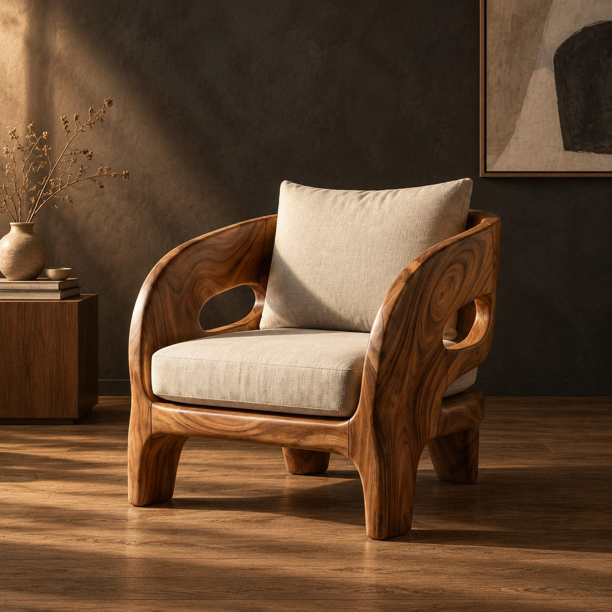 Sculpted wooden lounge chair with oval side cutouts and cream cushions in a dark studio against a charcoal plaster wall